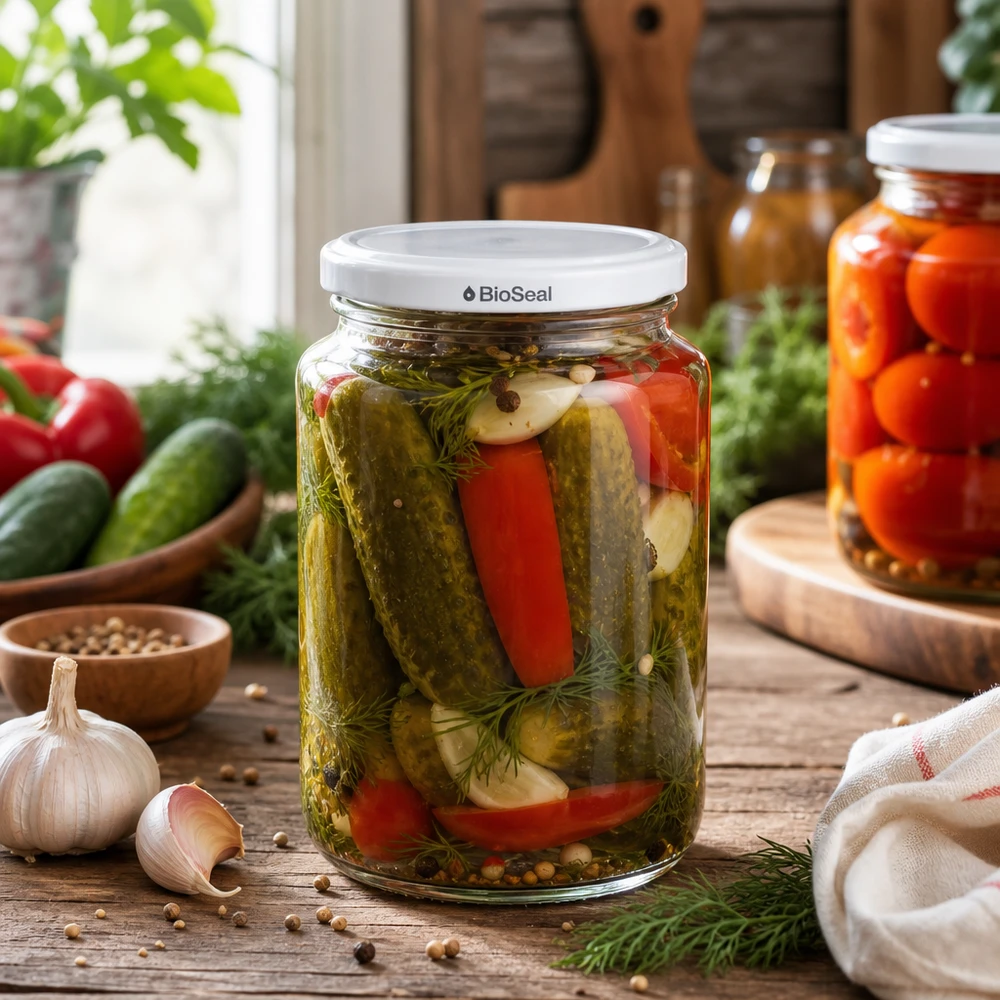 UNiTWIST Runda382 mit weissem Deckel TO66 BioSeal UNiTWIST Runda382 Einmachglas in rustikaler Küchenszene - Mixed Pickles mit Dill und Paprika in BioSeal Glas