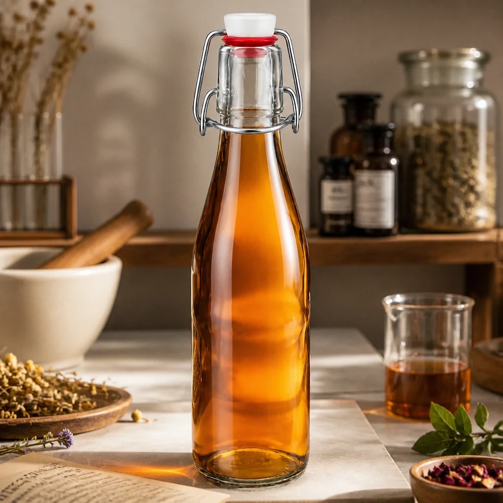 250ml Glasflasche mit Bügelverschluss gefüllt mit bernsteinfarbener Flüssigkeit in rustikaler Küche mit Gewürzen