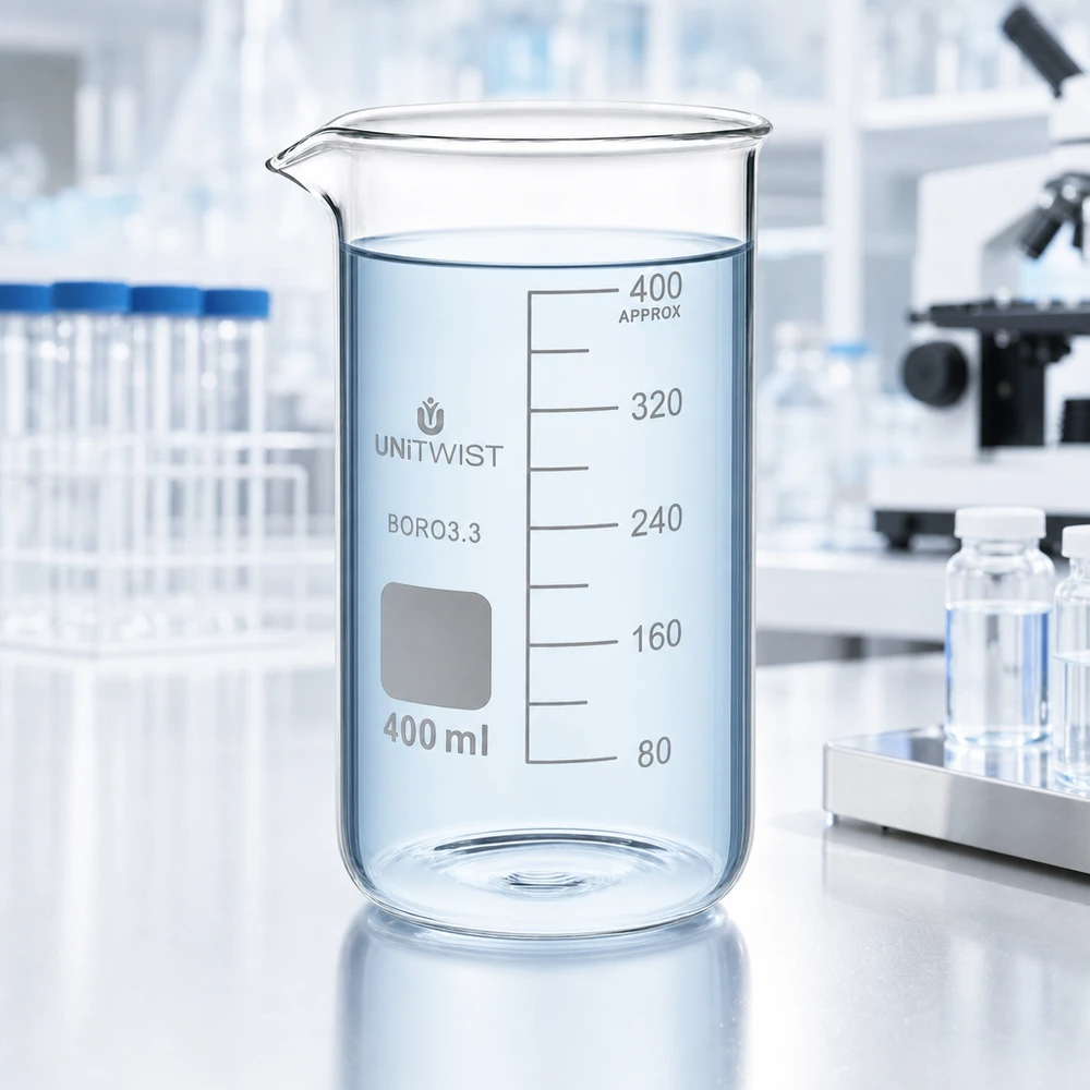 Becherglas 400ml Borosilikat, hohe Form UNiTWIST Hochformbecherglas 400ml UNITWIST BORO 3.3 mit grauem Etikettierfeld und präziser Volumenskala