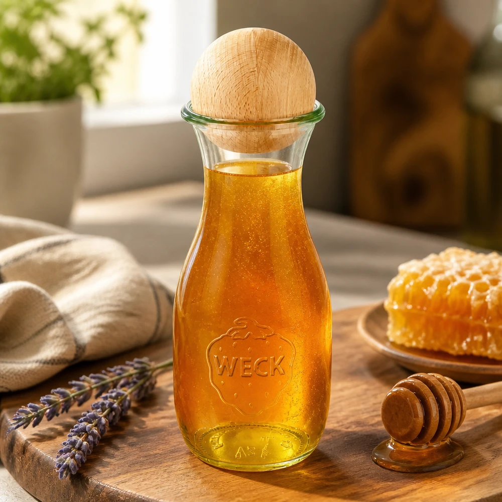 530ml WECK Glasflasche mit Honig befüllt und Buchenholzkugel auf Holzbrett mit Honigwabe und Lavendel dekoriert