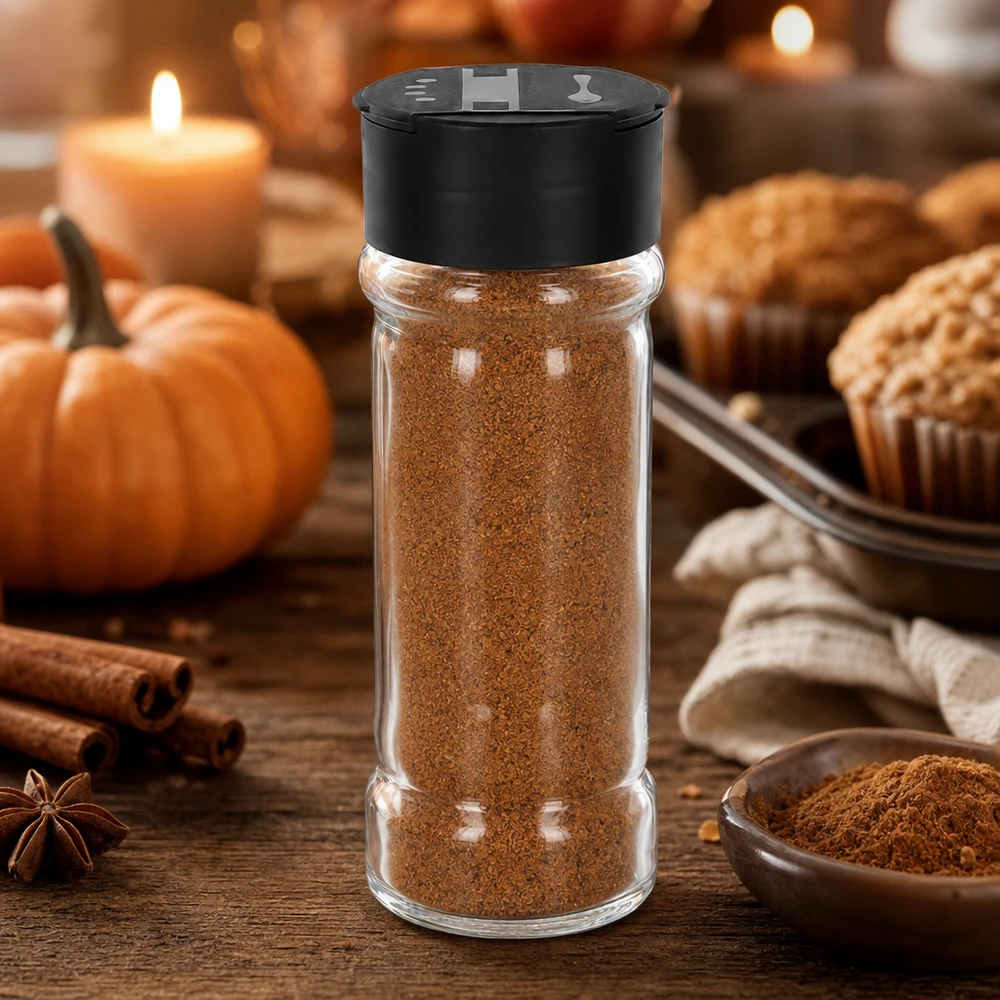 Transparentes Gewürzglas 100ml mit schwarzem Streuerdeckel neben frisch gebackenen Muffins