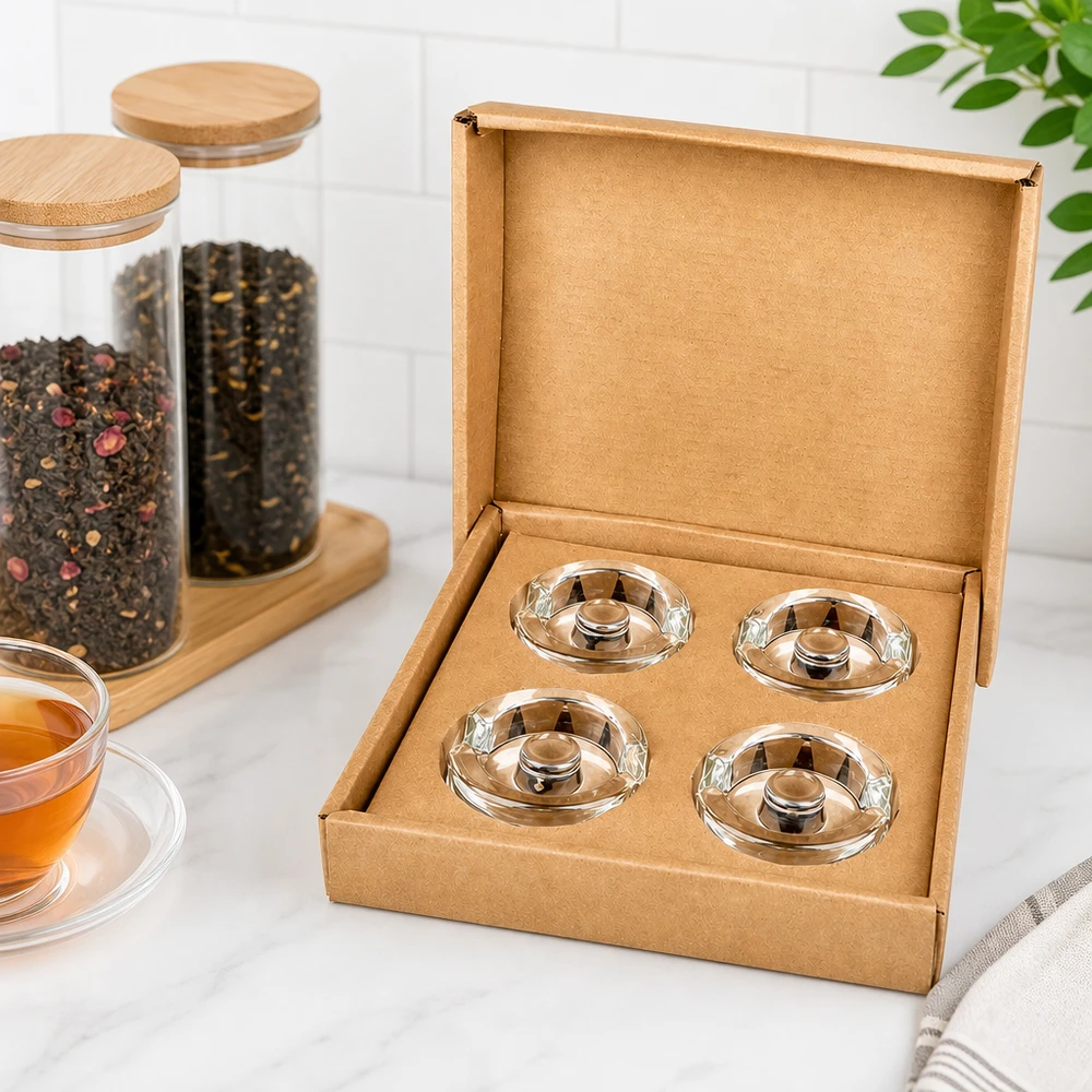 Fermentier-Glasgewichte mit Griff 4er Set UNiTWIST UNiTWIST Fermentier-Glasgewichte 4er Set in Kartonbox neben Teegläsern und Gewürzbehältern aus Glas mit Holzdeckel