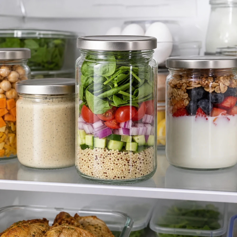 305ml Rundglas mit BasicSeal Deckel silber UNiTWIST 305ml Rundglas mit BasicSeal Deckel als Meal Prep Behälter für Salat im Kühlschrank mit Schichtsystem