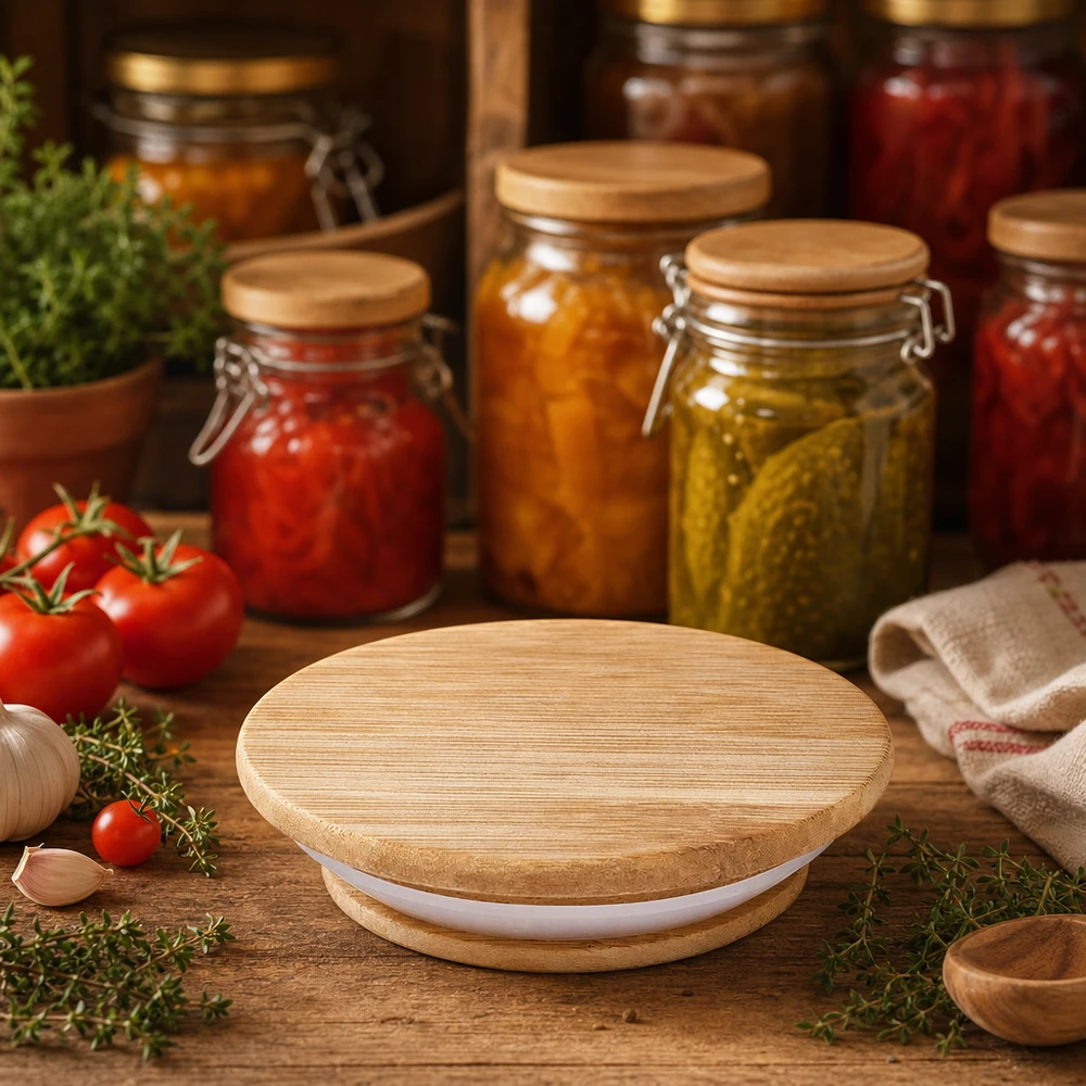 Holzdeckel (Buche) unbedruckt für WECK RR80 Holzdeckel WECK RR80 in rustikaler Küche mit Einmachgläsern Tomaten Gurken und frischen Kräutern Lifestyle-Szene