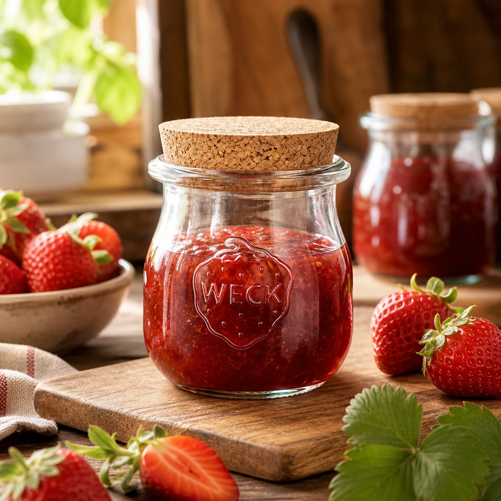 WECK Tulpenglas 75ml mit Korken gefüllt mit Erdbeermarmelade auf Holzbrett umgeben von frischen Erdbeeren Küchenszenerie