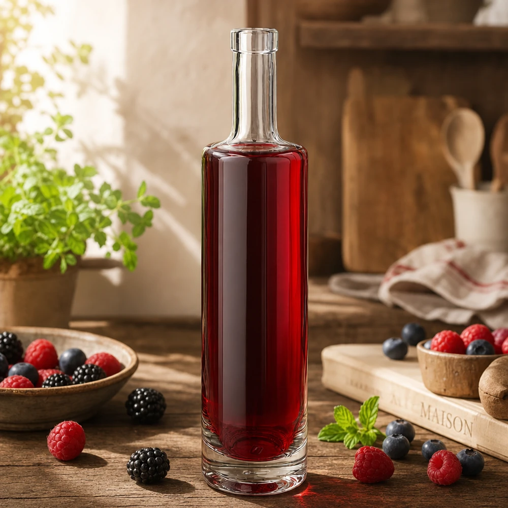 500ml Glasflasche Lina mit rotem Beerensaft in rustikaler Küche umgeben von frischen Beeren und Holzaccessoires