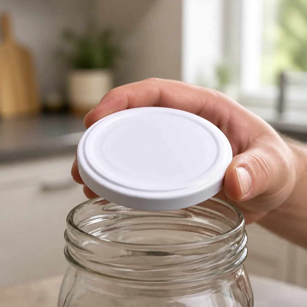 UNiTWIST TO43 weiss, BioSeal, BPA-NI, unitemp Küche mit UNiTWIST TO43 weissem unitemp Deckel BioSeal auf Einmachglas verschliessen