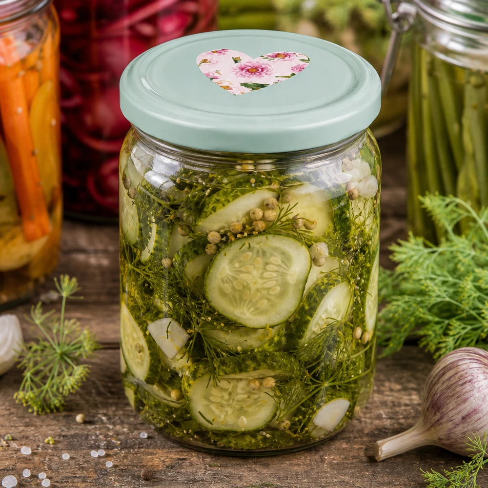 Einmachglas 408ml mit mint Herz-Deckel gefüllt mit eingelegten Gurken, Dill und Gewürzen als Anwendungsbeispiel