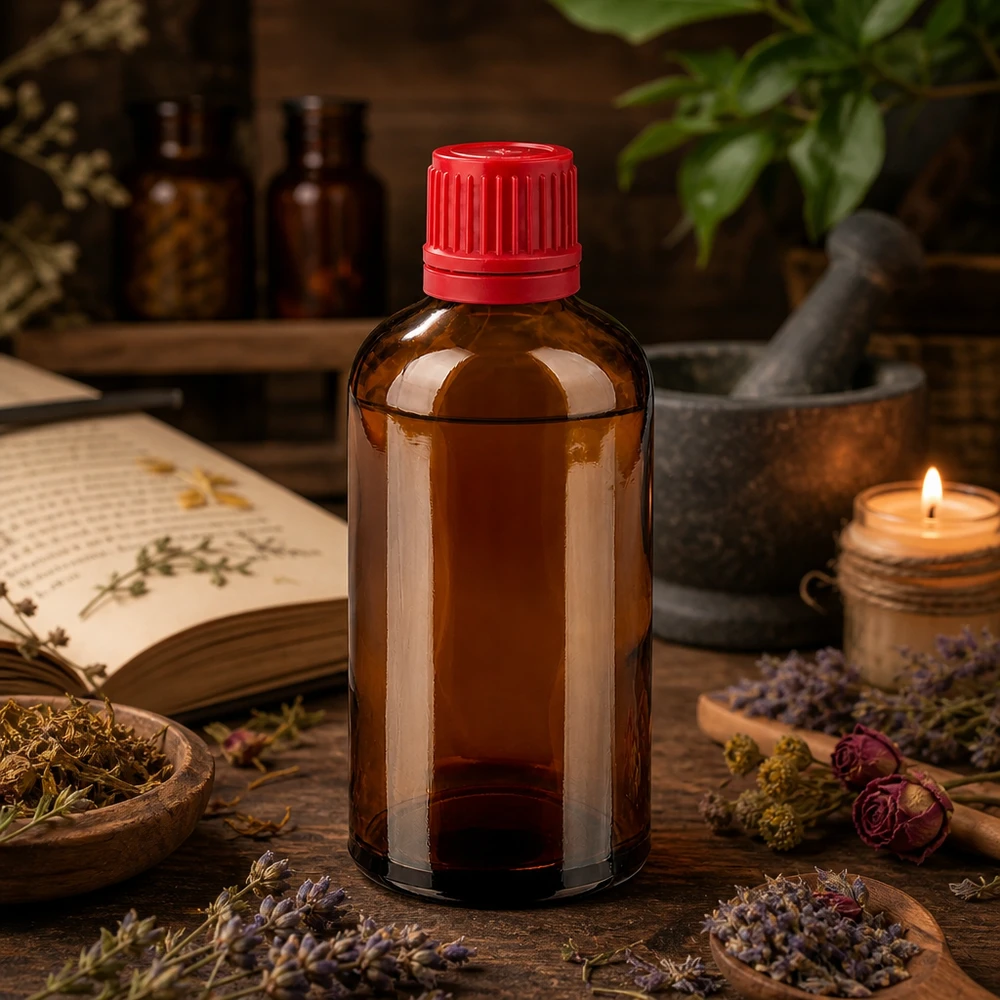 100ml Flasche 11mm Schraubverschluss rot Originalitätsverschluss BrownLine UT18/100 Kompakte Braunglasflasche 100ml mit rotem Verschluss - ideal für Naturheilkunde und Aromatherapie