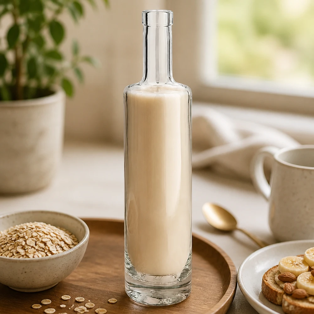 500ml Glasflasche Lina gefüllt mit Hafermilch in stilvollem Küchensetting mit Haferflocken und Frühstück Bild 3
