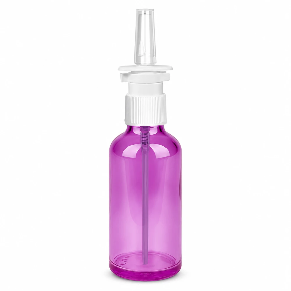 50ml Nasensprayflasche weiß/transparent Standard PurpleLine. UT18/50 50ml Nasenspray Behälter in Violett für medizinische Lösungen mit dosiertem Sprühventil