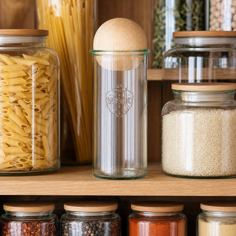 1500ml Sturzglas WECK RR100 mit Holzkugel Buche WECK RR100 Sturzglas 1500ml in Pantry-Umgebung neben Pasta und Reis, Holzkugel-Deckel aus Buche sichtbar