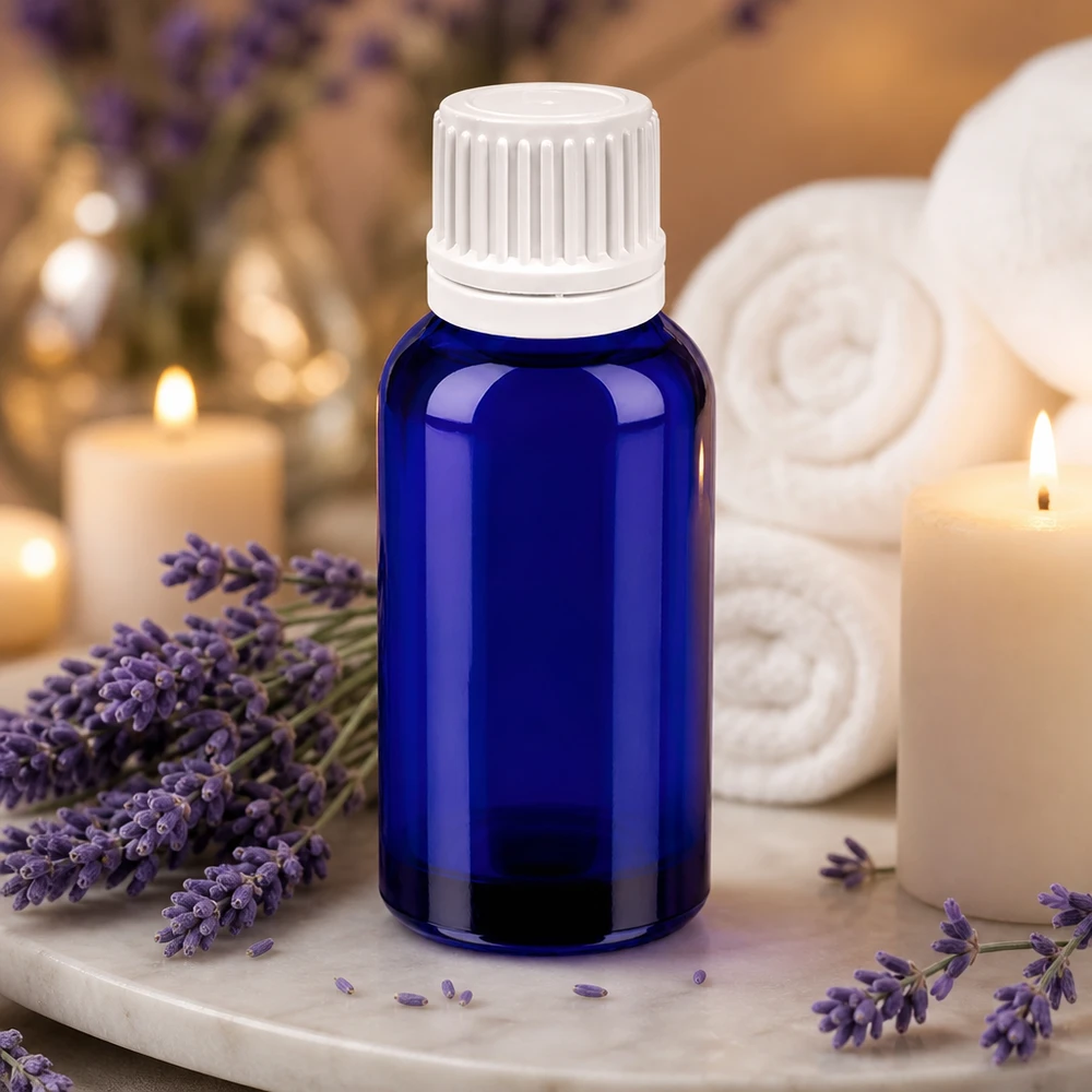 Vielseitige blaue 30ml Glasflasche mit weißem Tropfer für Kosmetik und Wellness-Anwendungen