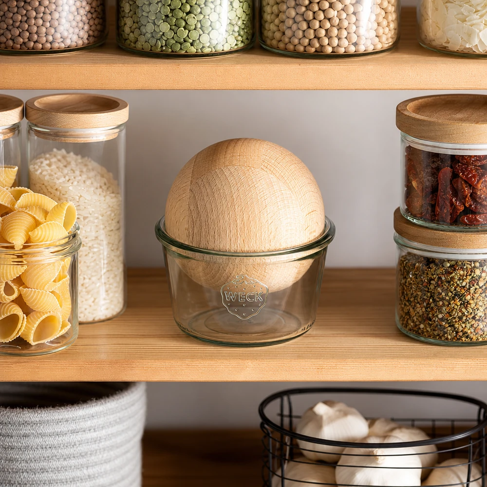 370ml Sturzglas WECK RR100 mit Holzkugel Buche WECK Glas 370ml RR100 Aufbewahrung Vorratsgläser Pantry Organisation Bucheholz Kugel Deckel Küchenschrank