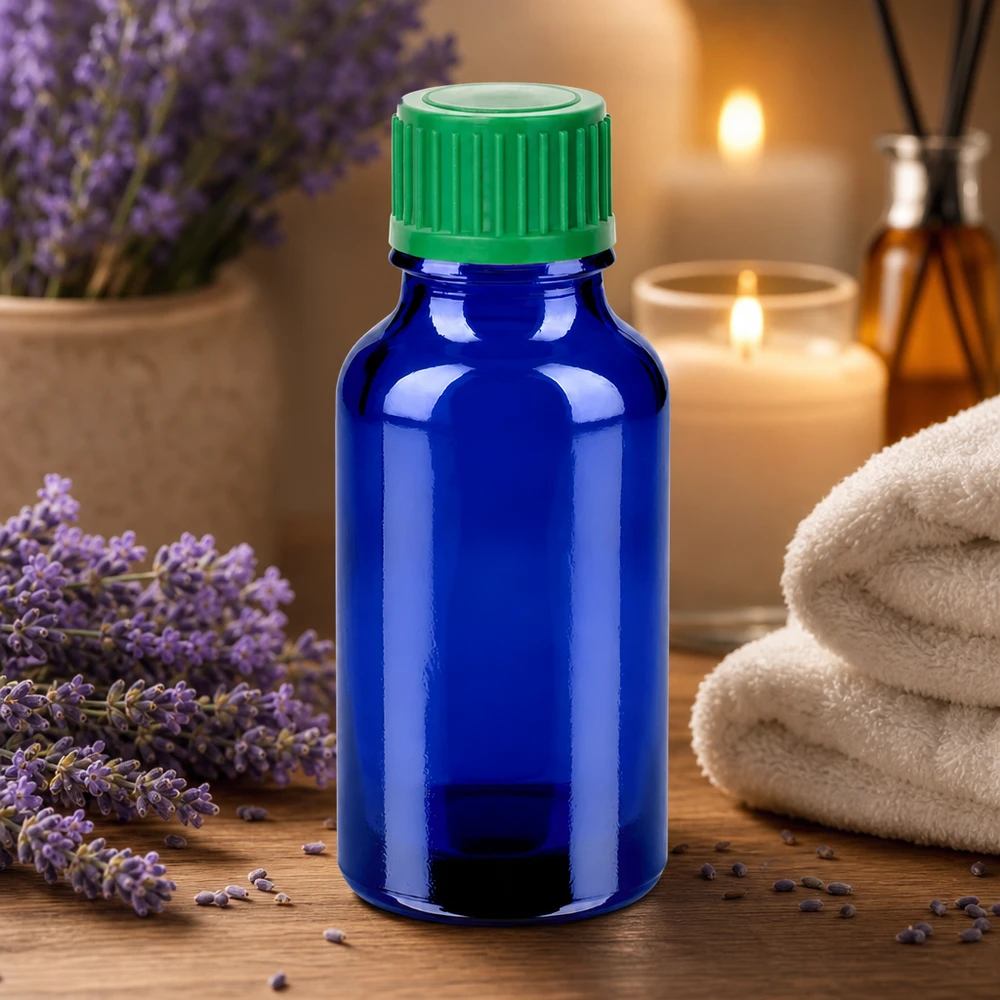 Kompakte 20ml blaue Glasflasche mit grünem Tropfer für mobile Anwendung und Reiseapotheke