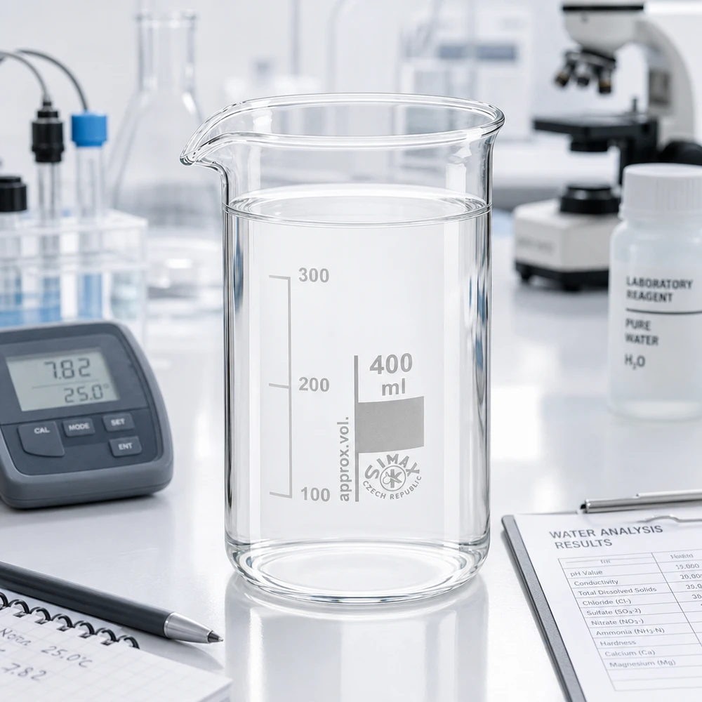 Becherglas 400ml Borosilikatglas, hohe Form Becherglas 400ml hohe Form mit Reagenzgläsern und Mikroskop im professionellen Labor