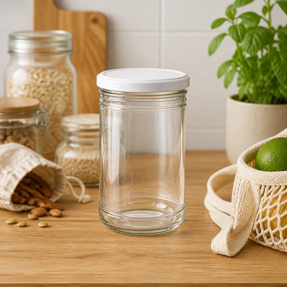 1053ml Sturzglas mit BasicSeal Deckel weiß UNiTWIST 1053ml Sturzglas leer auf Holzarbeitsplatte in moderner Küche mit Netz-Einkaufstasche und Basilikum-Pflanze Lifestyle