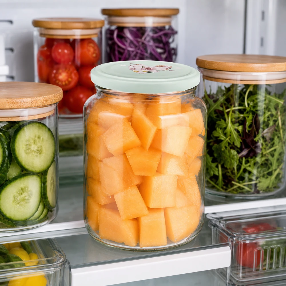 795ml Rundglas + BasicSeal Deckel Herz mint UNiTWIST 795ml Rundglas mint Herzdeckel in Kühlschrank mit vorbereiteten Melonenstücken neben Vorratsgläsern Meal Prep
