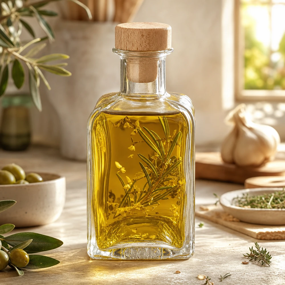 200ml Glasflasche "Clara" mit Holzgriff-Korken UNiTWIST 200ml Glasflasche Clara mit Kräuteröl gefüllt Rosmarinzweig Holzkorken Küchendeko mediterrane Gewürzöle