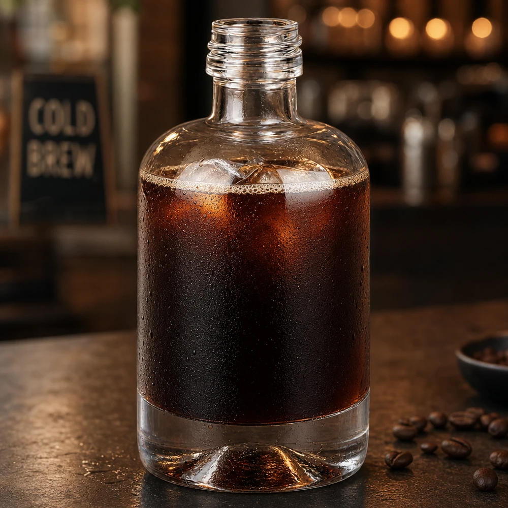 40ml Glasflasche Sara mit Cold Brew Kaffee gefüllt umgeben von Kaffeebohnen in Café-Atmosphäre ohne Verschluss