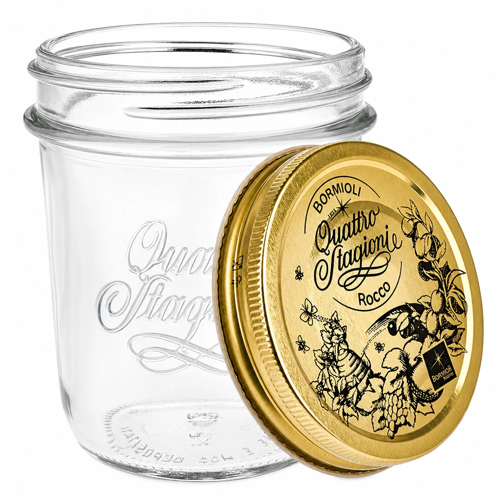 Bormioli Rocco Quattro Stagioni 320ml Einmachglas geöffnet mit abnehmbarem Golddeckel und Kräutermotiv