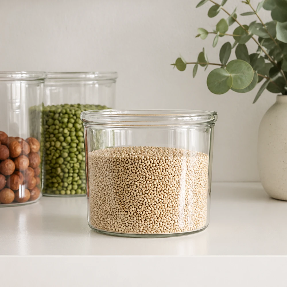 35ml Sturzglas WECK RR40 WECK Sturzglas 35ml RR40 mit Quinoa gefüllt neben anderen Vorratsgläsern mit Hülsenfrüchten in moderner Küche
