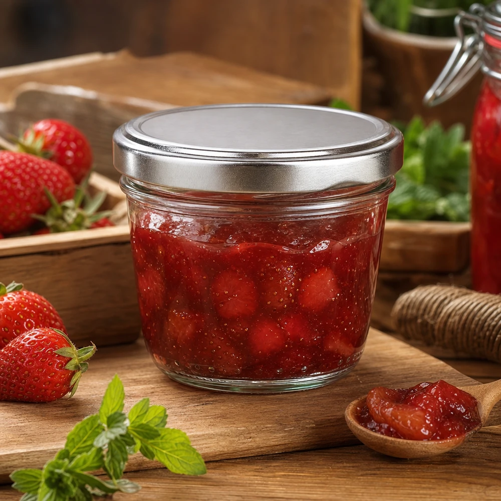 230ml Sturzglas mit BasicSeal Deckel silber UNiTWIST 230ml Sturzglas mit silber BasicSeal Deckel gefüllt mit Erdbeermarmelade Konfitüre auf Holzbrett mit frischen Erdbeeren