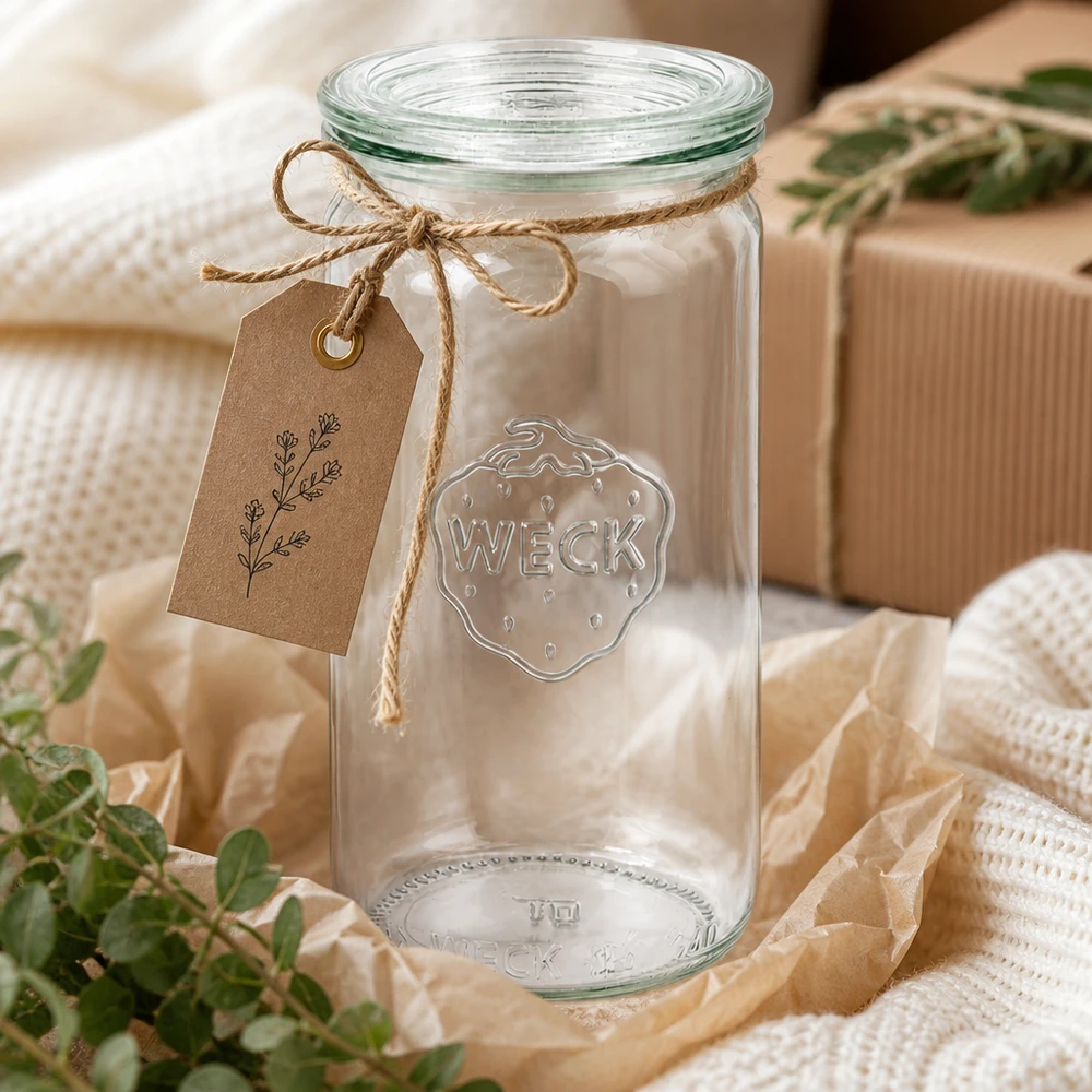 WECK 340ml Zylinderglas RR60 dekorativ mit Juteschnur und Etikett als Geschenkverpackung auf beiger Textilie