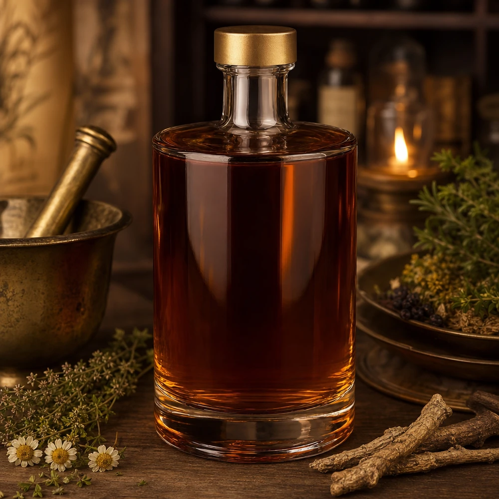500ml Glasflasche "Sam" + Schraubverschluss gold UNiTWIST 500ml Glasflasche Sam mit Whiskey gefüllt rustikale Dekoration Kräuter Ambiente UNiTWIST Verschluss gold hochwertig