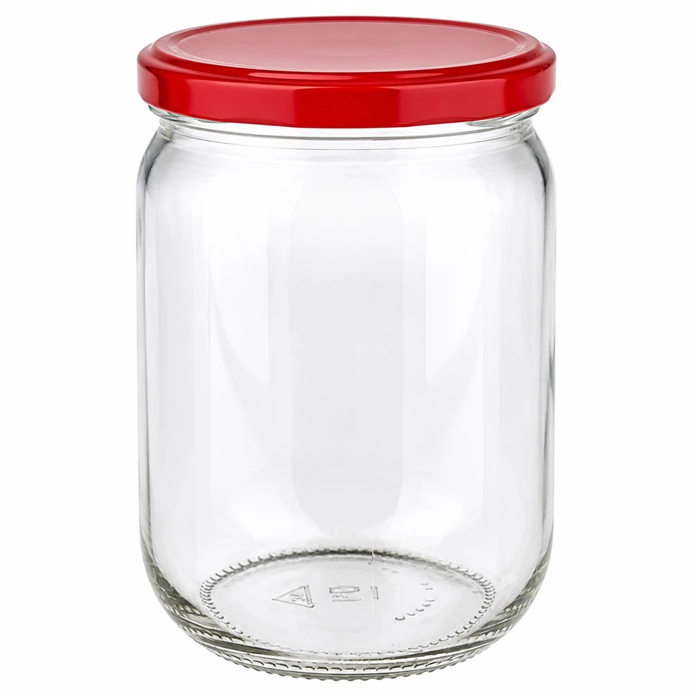 Klares zylindrisches Rundglas 555ml mit leuchtend rotem BasicSeal Deckel von oben fotografiert