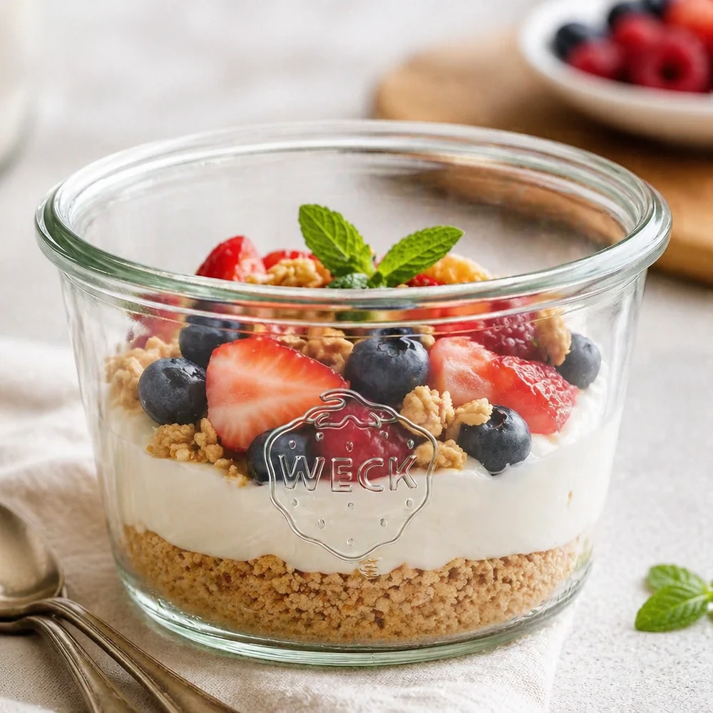 370ml Sturzglas WECK RR100 WECK Sturzglas 370ml RR100 mit Joghurt Beeren Müsli gefüllt auf weißem Holztisch