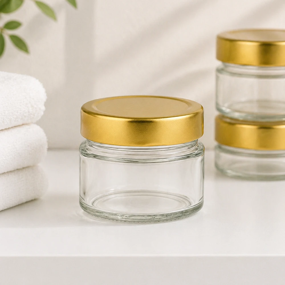 80ml Rundglas mit BasicSeal Deckel gold deep UNiTWIST 80ml Rundglas mit BasicSeal Deckel gold deep im Badezimmer-Ambiente mit weißen Handtüchern für Kosmetik