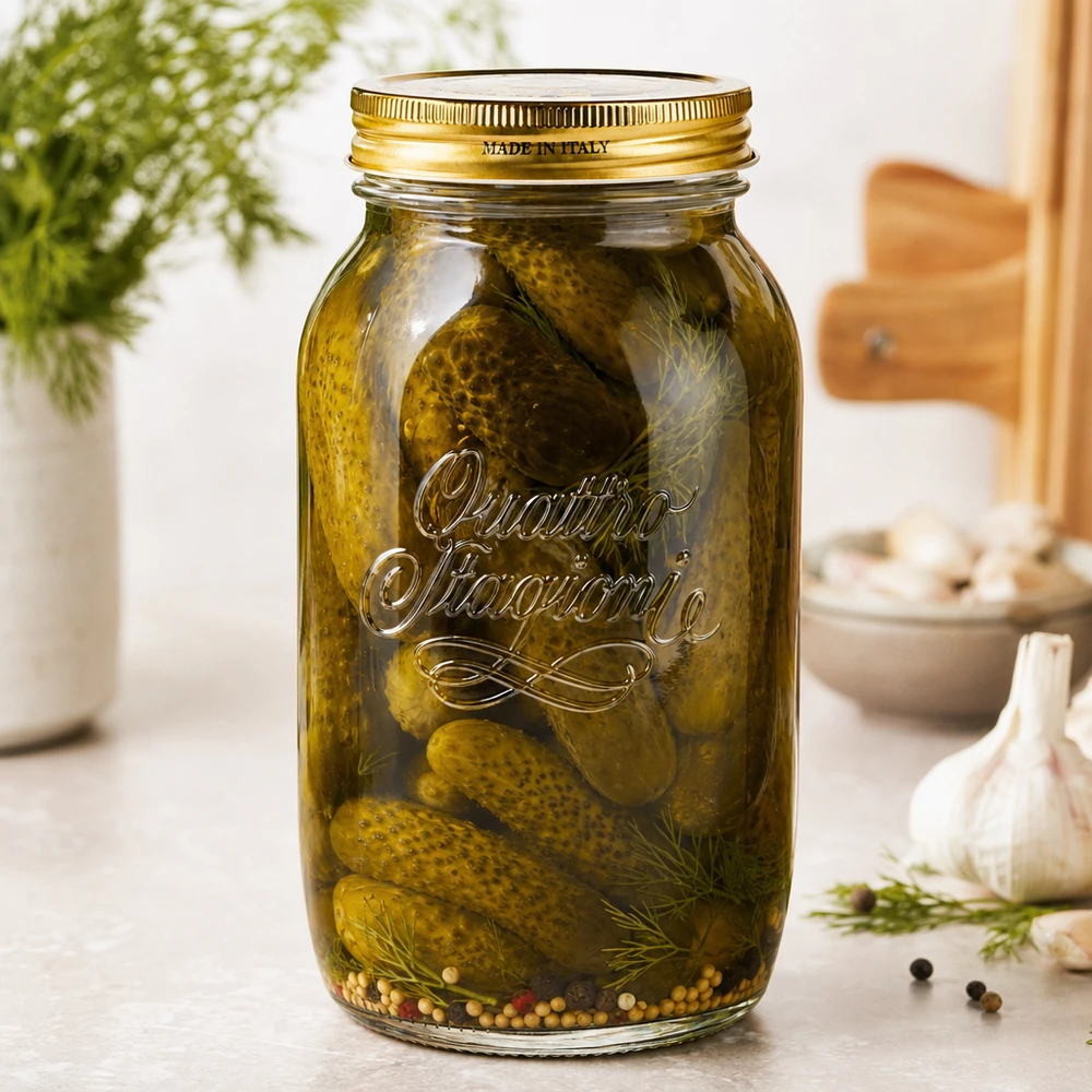 1500ml Rundglas "Quattro Stagioni" mit Deckel Quattro Stagioni 1500ml Einmachglas gefüllt mit eingelegten Gurken und Dill zeigt praktische Verwendung als Konservengla