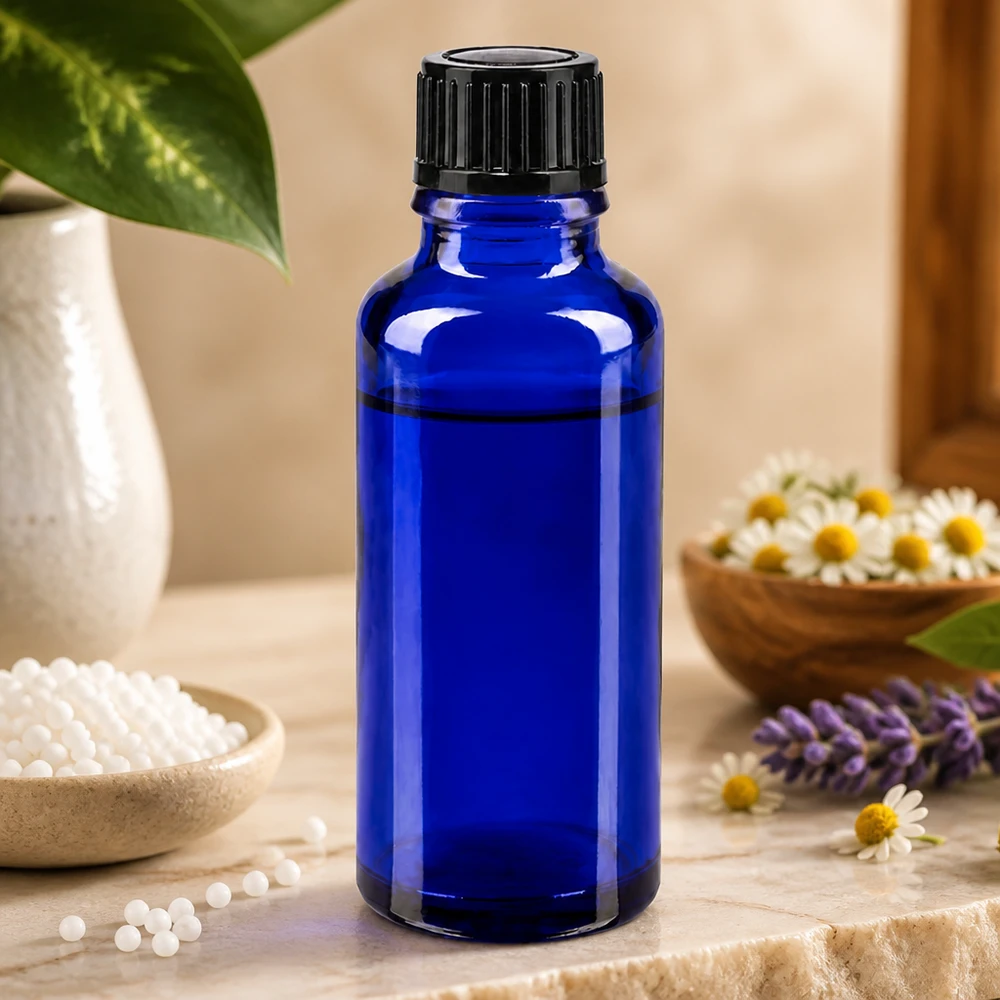 Apothekenflasche blau 30ml Tropfverschluss 1mm schwarz Standard Kobaltblaue Glasflasche 30ml mit Dosierverschluss zwischen Lavendel und homöopathischen Globuli