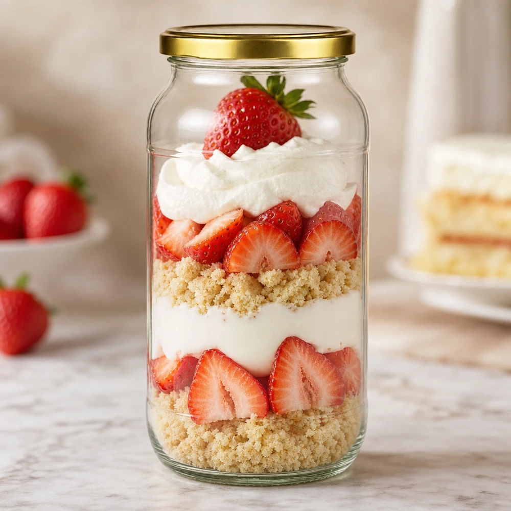 1062ml Rundglas mit goldenem BasicSeal Deckel als Dessertglas für Erdbeer-Sahne-Schichtdessert mit Streuseln