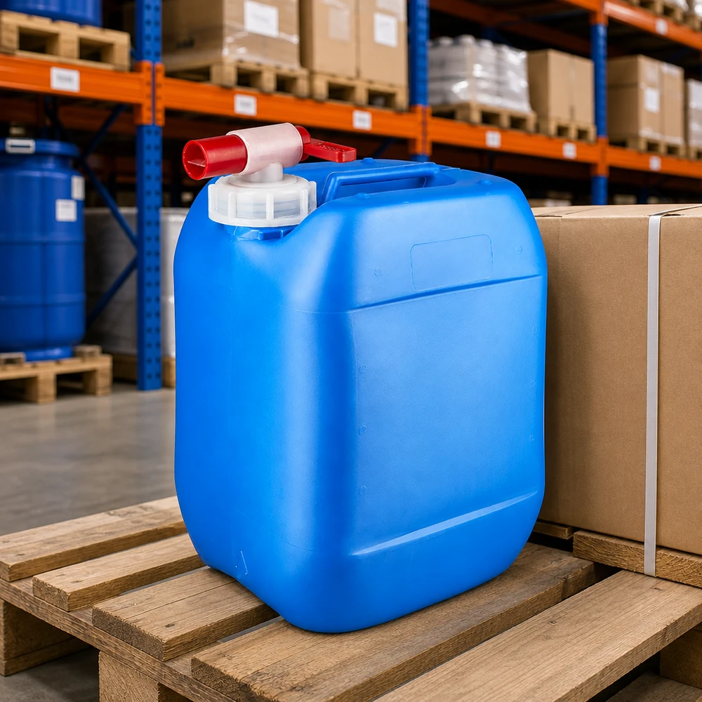 Kompakter Lagerkanister 10 Liter Blau mit integriertem Ablasshahn für einfache Entnahme