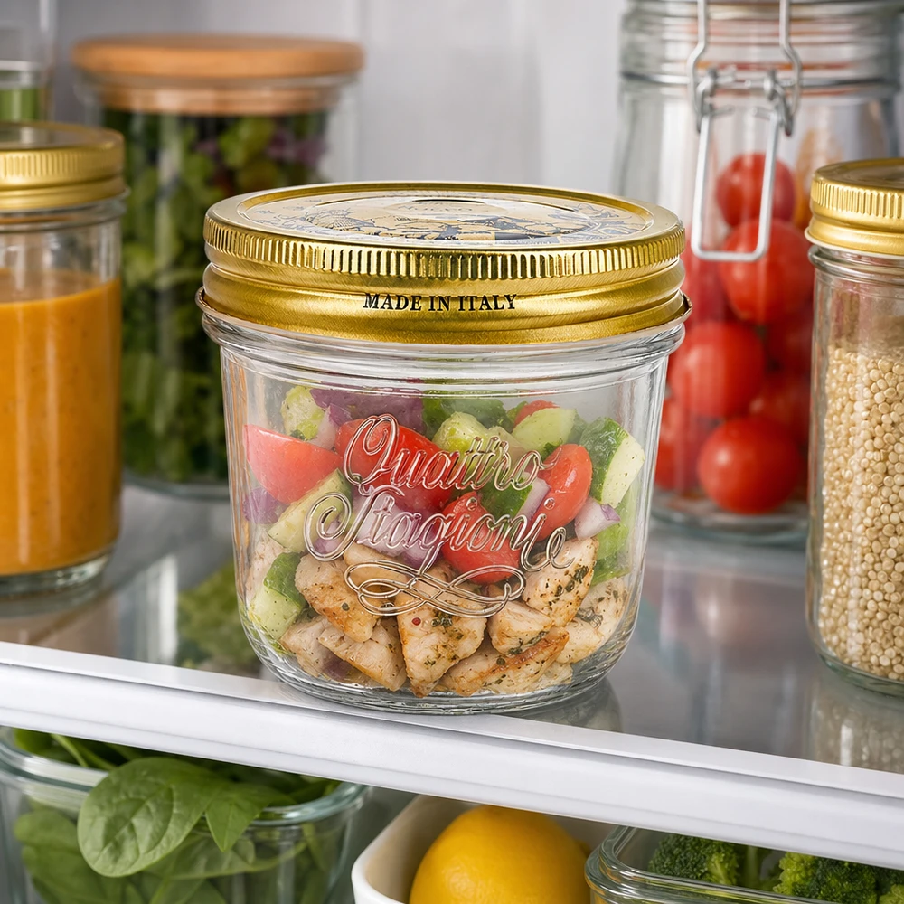200ml Sturzglas "Quattro Stagioni" mit Deckel 200ml Quattro Stagioni Sturzglas mit goldenem Deckel gefüllt mit buntem Salat in Kühlschrank neben anderen Vorratsgläser