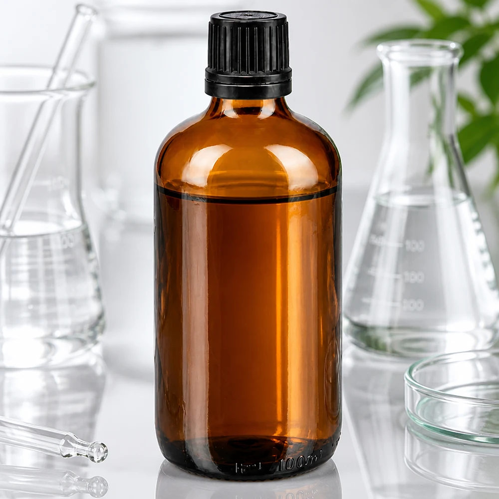 Apothekenflasche braun 100ml Tropfverschluss Premium 1mm schwarz Originalitätsverschluss Zylindrische 100ml Braunglasflasche mit schwarzem Tropfverschluss in professioneller Laborumgebung