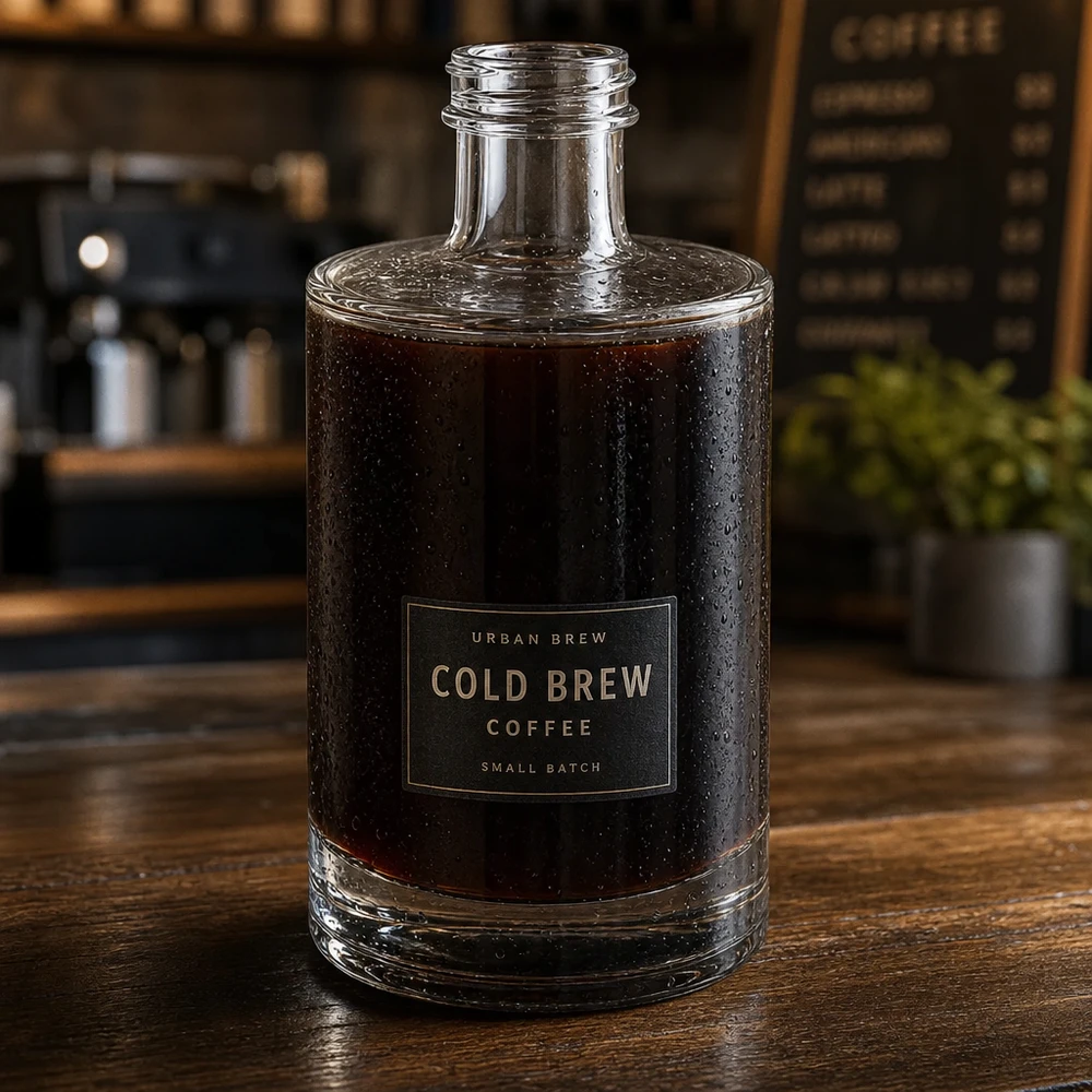 375ml Glasflasche "Sam" ohne Schraubverschluss UNiTWIST 375ml Glasflasche Sam mit Cold Brew Coffee befüllt in stylischer Kaffeebar-Atmosphäre präsentiert