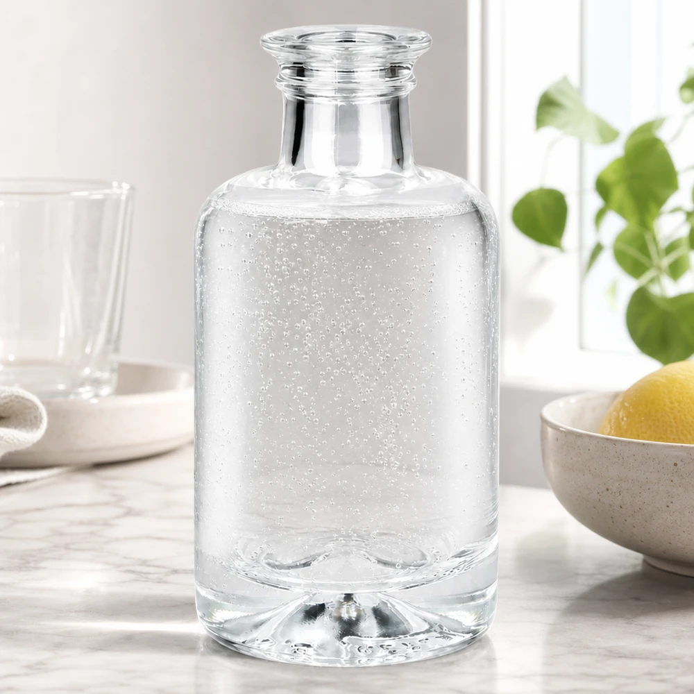 100ml Glasflasche "Sofia" ohne Verschluss UNiTWIST 100ml Glasflasche Sofia mit Sprudelwasser befüllt auf weißer Küchenarbeitsplatte neben Zitronen und Pflanze