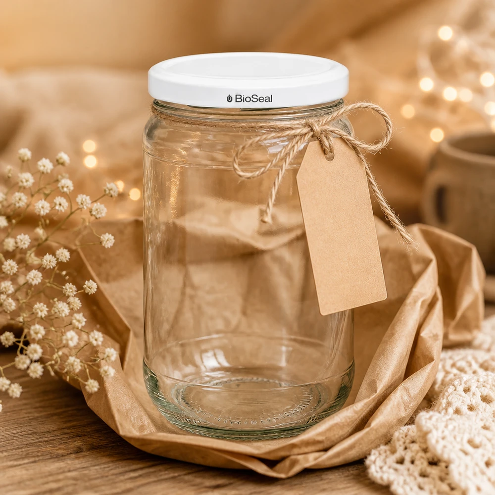 305ml Rundglas + BioSeal Deckel weiß UNiTWIST UNiTWIST Runda305 Glasgefäß mit TO63 BioSeal Deckel in warmem Ambiente mit Geschenkanhänger und Blumendeko