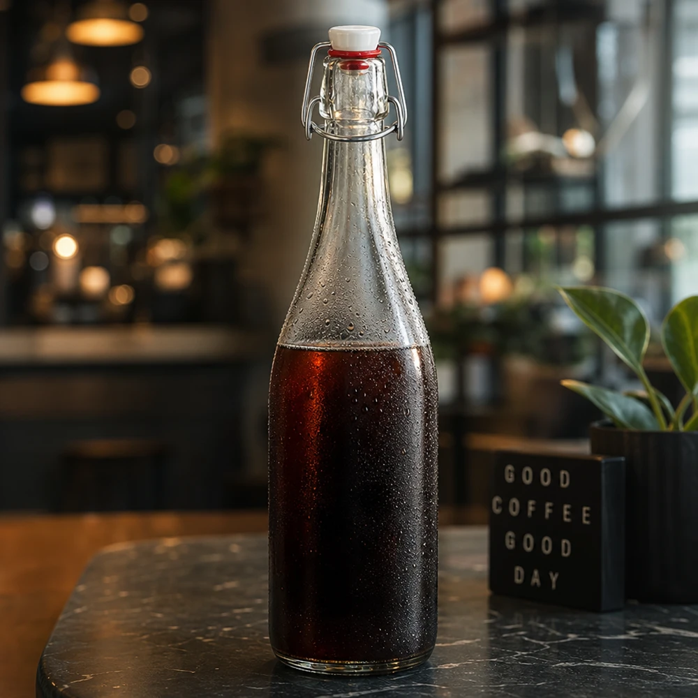 750ml Glasflasche und Bügelverschluss PVC UNiTWIST 750ml Glasflasche Bügelverschluss mit Cola gefüllt Café Atmosphäre cold brew coffee ambient Beleuchtung stylisch