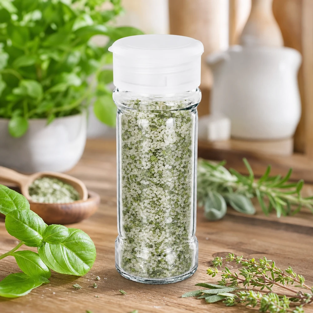 Transparentes Glasgewürzgefäß 100ml mit weißem Streueraufsatz neben frischen Küchenkräutern