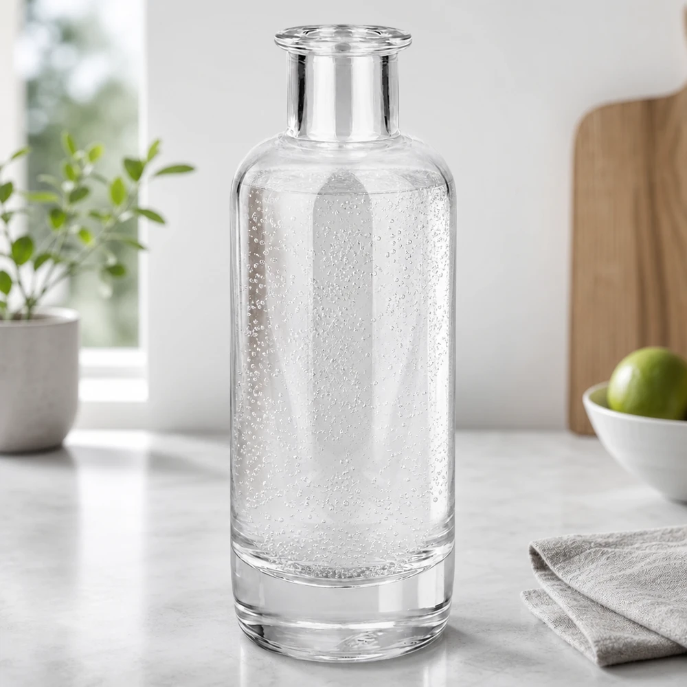 200ml Glasflasche "Ella" ohne Verschluss UNiTWIST 200ml Glasflasche Ella mit sprudelndem Mineralwasser gefüllt in moderner Küche zeigt Verwendung für Getränke