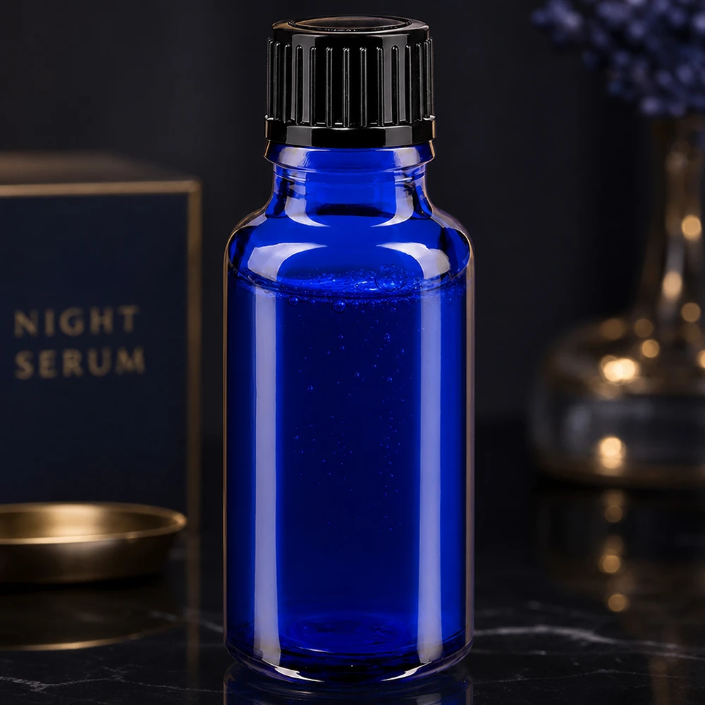 Apothekenflasche blau 20ml Tropfverschluss 1mm schwarz Standard UV-Schutz Tropfflasche 20ml blau mit schwarzem Verschluss für Serum und Naturöle