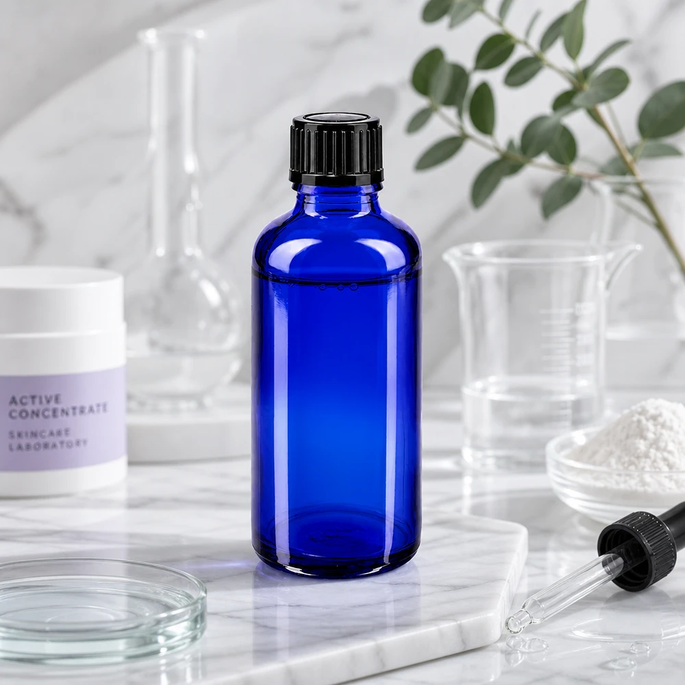 Apothekenflasche blau 50ml Tropfverschluss 1mm schwarz Standard 50ml blaue Glasflasche STD mit Tropfverschluss für Kosmetik Pharmazie und Aromatherapie