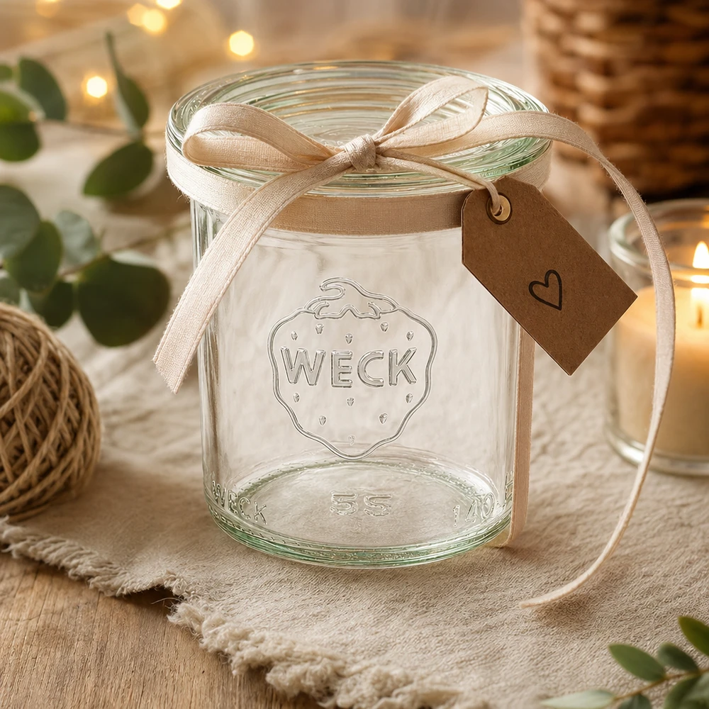 140ml Sturzglas mit Glasdeckel WECK RR60 WECK Sturzglas 140ml RR60 als Geschenk dekoriert mit beiger Schleife und Herzanhänger auf rustikalem Holztisch