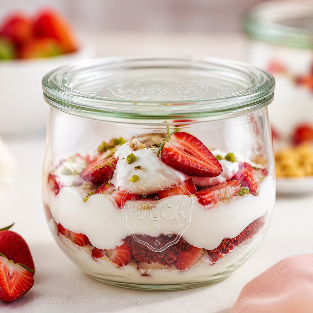 580ml Tulpenglas mit Glasdeckel WECK RR100 WECK Tulpenglas 580ml RR100 mit Erdbeer-Joghurt-Dessert gefüllt als Dessertvariante mit Pistazien auf weißer Oberfläche