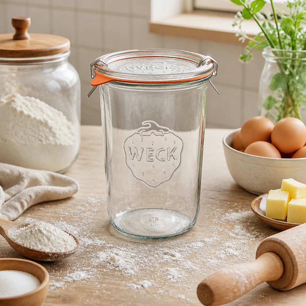 WECK Sturzglas 850ml RR100 in natürlicher Küchenumgebung mit Backzutaten Eiern Butter und Mehl zum Einkochen