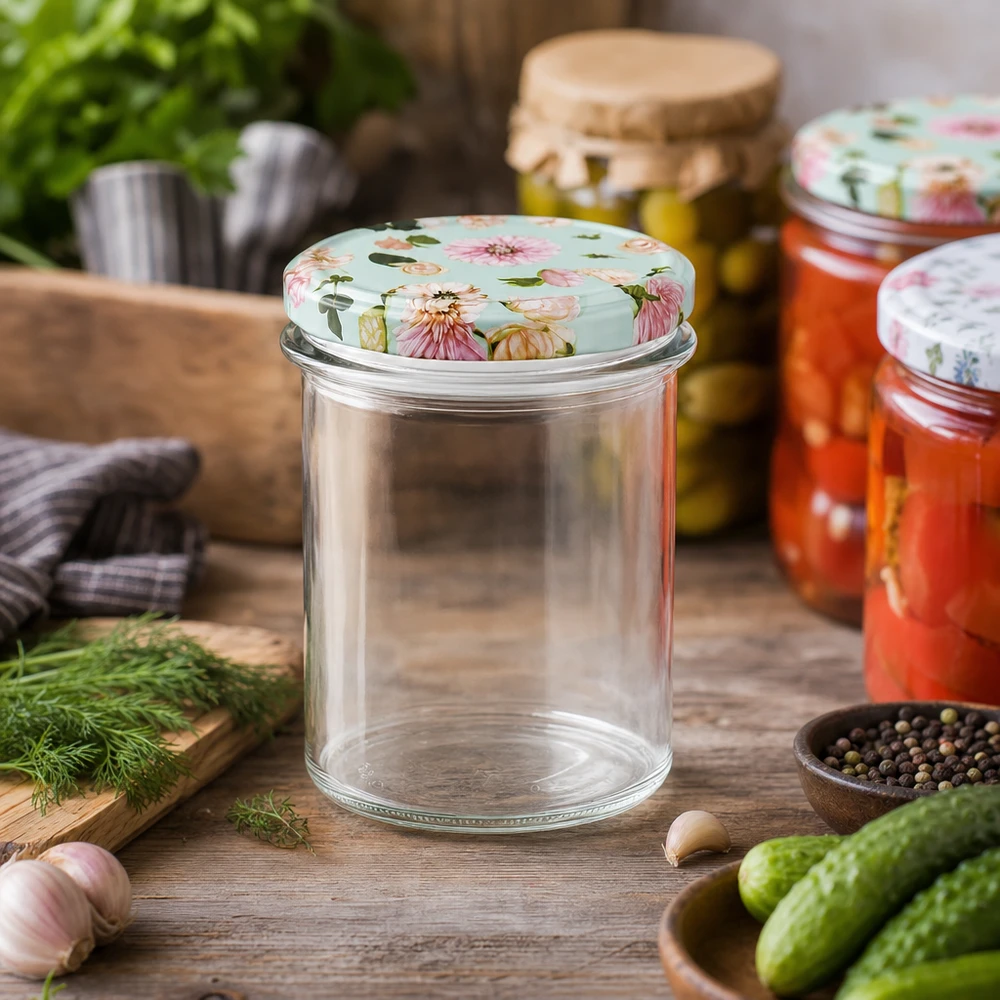 350ml Sturzglas + BasicSeal Deckel Blume mint UNiTWIST 350ml Einmachglas mit Blumendeckel mint in rustikaler Küche, umgeben von frischen Gurken und Gewürzen zum Einkochen